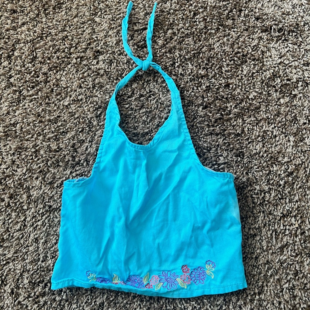 Blue embroidered halter top